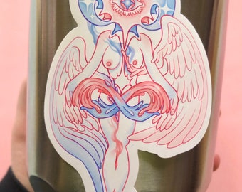 May include: A sticker featuring a stylised illustration of a winged figure with a large eye in the centre of its head. The figure is surrounded by a swirling pattern of blue and pink, and the wings are outlined in blue and pink. The sticker is on a silver background.
