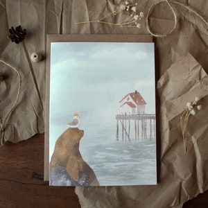 Carte de vœux FOGGY DOCK DAYS, mouette avec chapeau, carte adorable pour les amoureux de l’océan, carte vierge