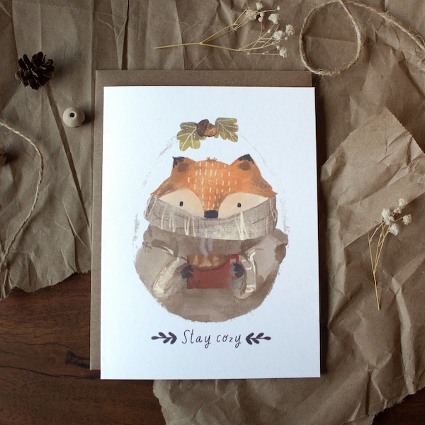STAY COZY Greeting Card, fox in sweater with warm mug, adorable card for cozy lovers, blank card