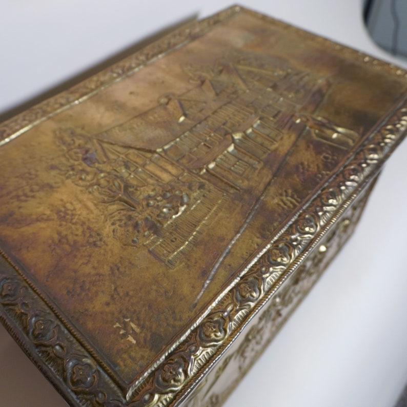 1920s Embossed Brass Box, Brass Trunk Brass, 19th Century English Brass