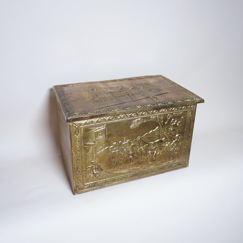 1920s Embossed Brass Box, Brass Trunk Brass, 19th Century English Brass
