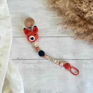 Personalized pacifier clip, Fox pacifier clip, Amigurumi crochet fox