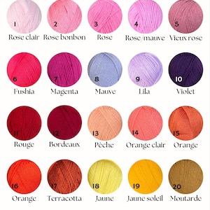 Op de afbeelding: Een kleurenkaart getiteld Nuancier de couleurs met twintig genummerde cirkelvormige garenbollen in diverse tinten waaronder roze, paars, rood, oranje en geel, met de bijbehorende Franse kleurnamen vermeld onder elk garenmonster.