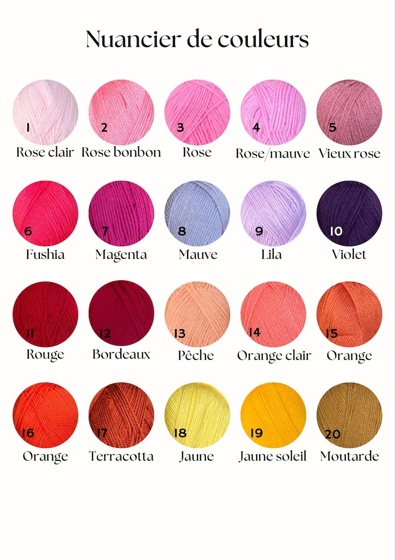 Op de afbeelding: Een kleurenkaart getiteld Nuancier de couleurs met twintig genummerde cirkelvormige garenbollen in diverse tinten waaronder roze, paars, rood, oranje en geel, met de bijbehorende Franse kleurnamen vermeld onder elk garenmonster.