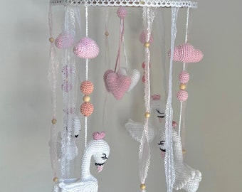 Musical mobile for baby - pink swans mobile - baby room decoration - girl birth gift - gift for girl