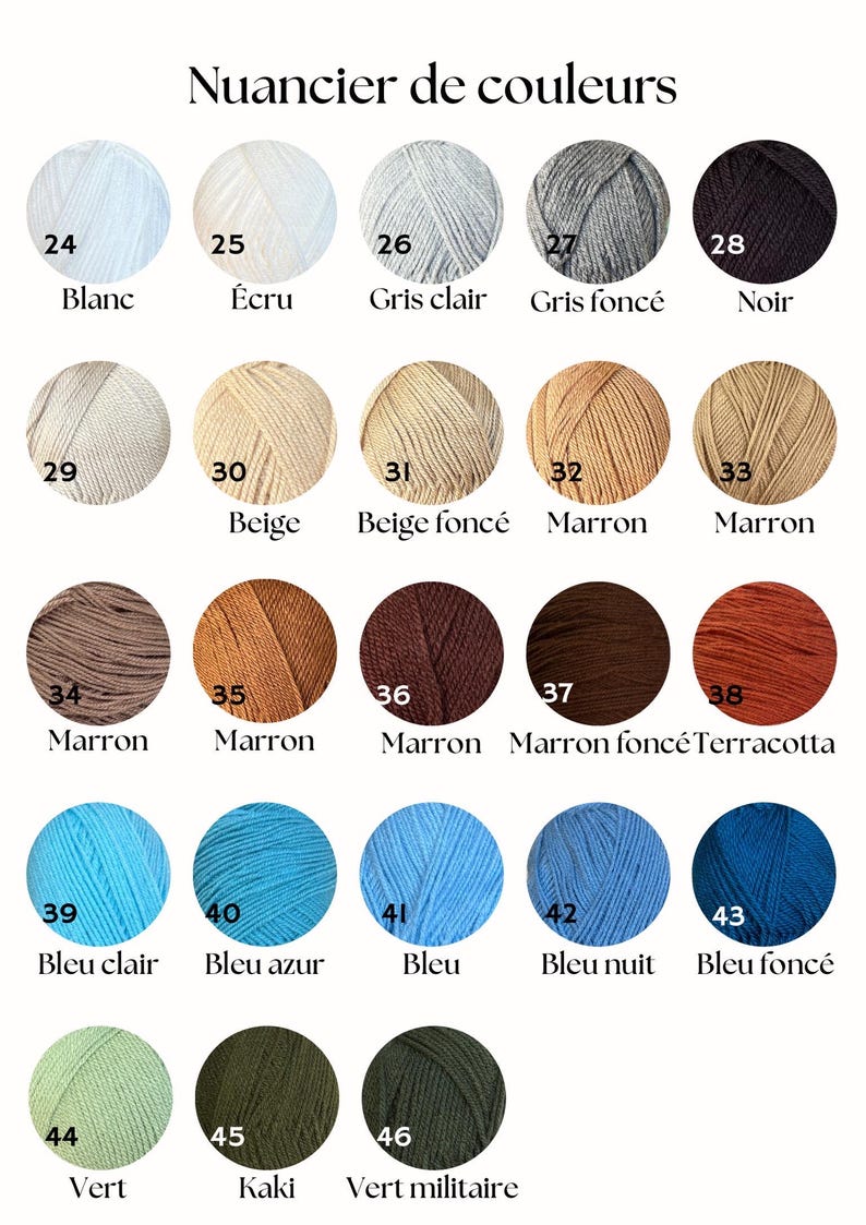 Op de afbeelding: Een kleurenkaart getiteld Nuancier de couleurs met drie&euml;ntwintig cirkelvormige garenmonsters gelabeld met de nummers 24 tot en met 46. De garenkleuren vari&euml;ren van wit, ecru, grijs en zwart tot diverse tinten beige, bruin, blauw en groen.