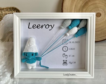 Crochet Smurf birth frame - Smurf and Smurfette theme birth poster