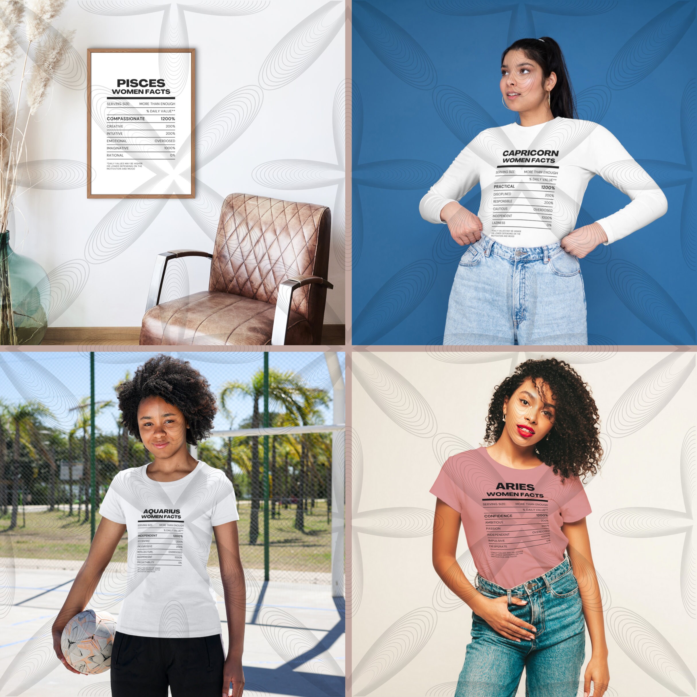 12 Zodiac Sign Women Nutrition Facts Bundle SVG JPG PNG Files Tshirts