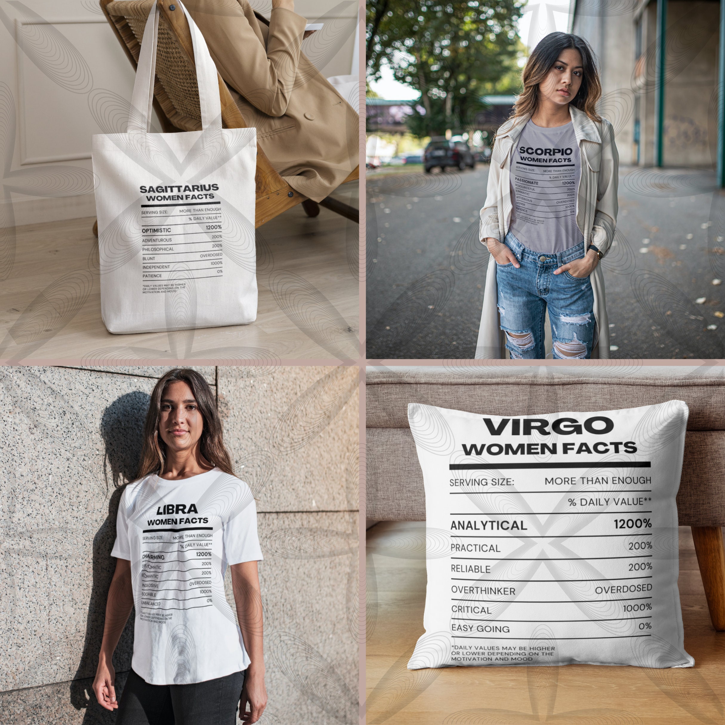 12 Zodiac Sign Women Nutrition Facts Bundle SVG JPG PNG Files Tshirts