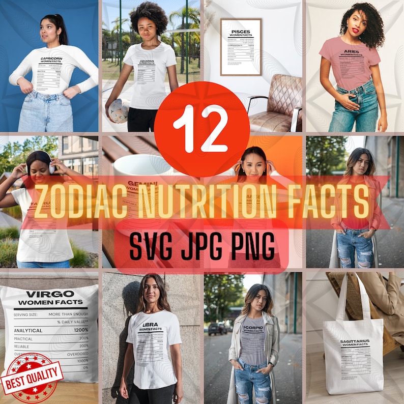 12 Zodiac Sign Women Nutrition Facts Bundle SVG JPG PNG Files Tshirts