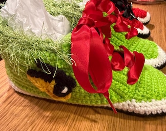 Crocheted Christmas grinch slippers, adult, small medium size