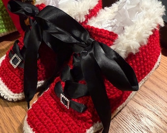 Crocheted Christmas Santa slippers, adult, small medium size