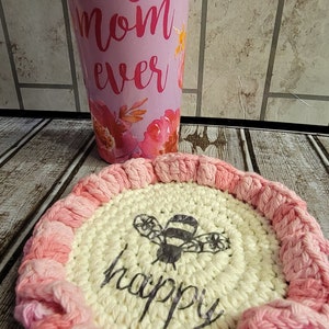 Bee Happy Cotton Coasters, Customize Yours, Choose Color Choose Word/Name