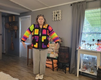 Crocheted Neon Granny Square Cardigan Bright Colors