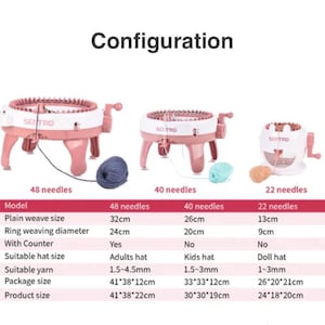 May include: Three Sentro knitting machines in white and pink with hand cranks, featuring 48, 40, and 22 needles. A comparison chart below lists models, plain weave sizes in cm, ring diameters, counter availability, and yarn compatibility.