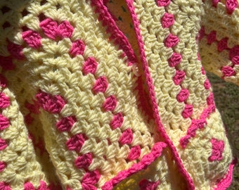 Crocheted Cardigan Little Girl 4t Pale Yellow and Hot Pink