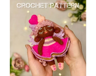 Crochet pattern:  Chocolate baby Elfie, Elf doll amigurumi, Black Doll crochet pattern, hearts on the head, small doll crochet pattern