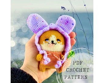 Patroon gehaakt corgi-konijntje: amigurumi-puppy met wortel (pdf-patroon)