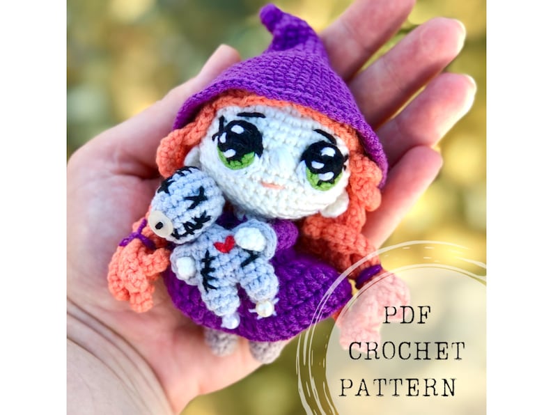 Crochet pattern: tiny witch amigurumi crochet pattern, witch with voodoo doll crochet pattern, tiny voodoo amigurumi image 1