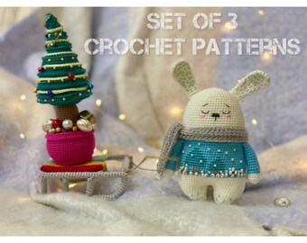 Crochet patterns set: winter bunny crochet pattern, Christmas tree crochet pattern, sledge crochet pattern, cute Christmas decoration