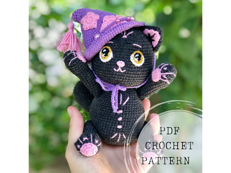 Crochet pattern: Witchy cat amigurumi crochet pattern, black cat crochet pattern, halloween cat amigurumi image 1