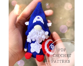 Crochet pattern: Cap America gnome crochet pattern, hero gnome crochet pattern, gnome amigurumi