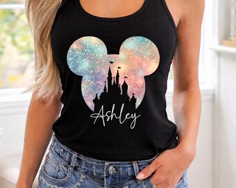 Camiseta sin mangas con silueta de Mickey, camiseta sin mangas de Disney para mujer, camiseta con orejas de Disney, camiseta sin mangas personalizada de Magic Kingdom, camiseta sin mangas del Castillo Mágico, camiseta con purpurina de Disney