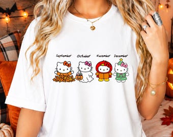 Camiseta Hello Cat para la temporada navideña, Camiseta Kawaii Kitty de Halloween, Camiseta Kitty de agradecimiento, Camiseta Spooky Kitty, Camiseta de Halloween para niñas, Camiseta Kitty de otoño
