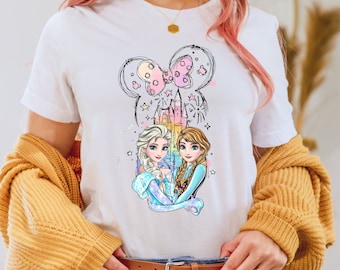 Camisa princesa Elsa Anna, camisa congelada de Disney, camisa de princesa colorida, camisa de viaje de niñas de Disney, princesa de Disney de acuarela, camiseta de niña de Disney