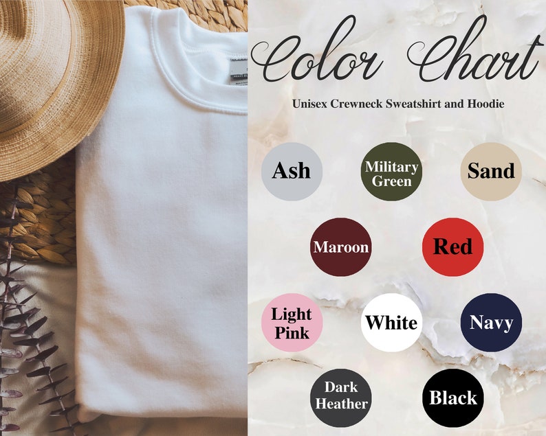 Puede incluir: Carta de colores para sudaderas con cuello redondo unisex y sudaderas con capucha. La tabla muestra 12 colores diferentes: Ceniza, Verde militar, Arena, Marr&oacute;n, Rojo, Rosa claro, Blanco, Azul marino, Gris oscuro jaspeado y Negro.