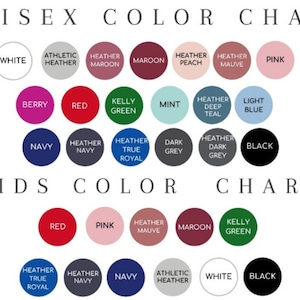 Puede incluir: Una tabla de colores con dos secciones etiquetadas como UNISEX COLOR CHART y KIDS COLOR CHART. La secci&oacute;n unisex muestra 18 muestras de color circulares con etiquetas que incluyen blanco, gris, granate, melocot&oacute;n, malva, rosa, baya, rojo, verde, menta, azul cerceta, azul, marino y negro. La secci&oacute;n infantil muestra 11 muestras de color con etiquetas que incluyen rojo, rosa, malva, granate, verde, azul real, marino, gris, blanco y negro.
