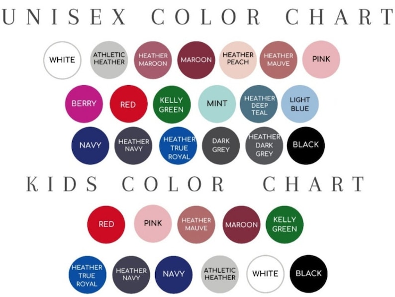 Puede incluir: Una tabla de colores con dos secciones etiquetadas como UNISEX COLOR CHART y KIDS COLOR CHART. La secci&oacute;n unisex muestra 18 muestras de color circulares con etiquetas que incluyen blanco, gris, granate, melocot&oacute;n, malva, rosa, baya, rojo, verde, menta, azul cerceta, azul, marino y negro. La secci&oacute;n infantil muestra 11 muestras de color con etiquetas que incluyen rojo, rosa, malva, granate, verde, azul real, marino, gris, blanco y negro.