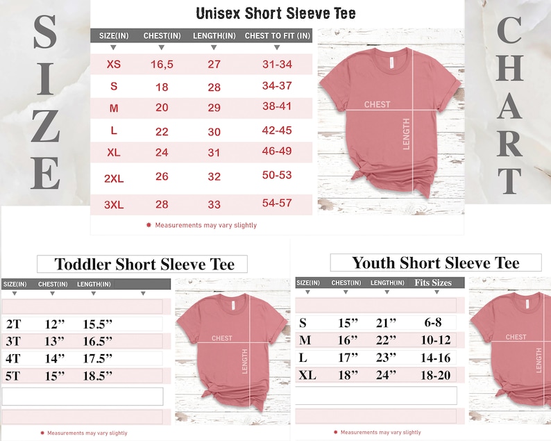 Puede incluir: Una tabla de tallas para camisetas de manga corta unisex, para ni&ntilde;os peque&ntilde;os y j&oacute;venes en color rosa empolvado. La imagen muestra tres tablas distintas con columnas para talla, pecho y largo en pulgadas, junto a ilustraciones de las camisetas.