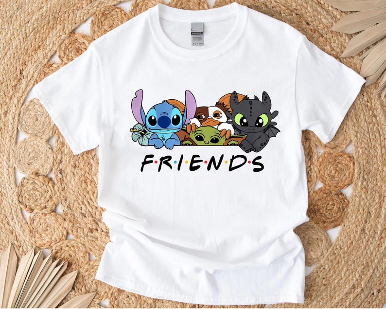 May include: White t-shirt featuring a graphic of cartoon characters including Stitch, Toothless, and others. The word "FRIENDS" is printed in black below the characters. The shirt is made of a soft material.