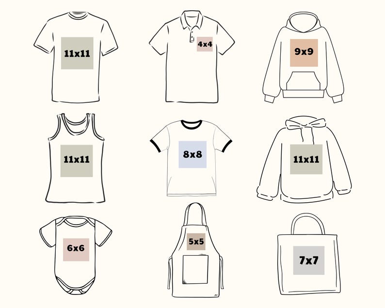 May include: Line drawing of various apparel items, including t-shirts, a polo shirt, a hoodie, a tank top, a baby onesie, an apron, and a tote bag. Each item has a rectangular area indicating a potential print size, with measurements in inches.