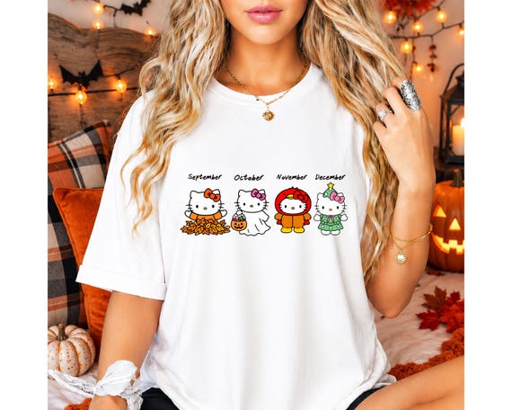 Hello Cat Holiday Season Shirt, Kawaii Kitty Halloween Shirt, Kitty Thankful Shirt, Spooky Kitty Tee, Girls Halloween Shirt, Kitty Fall Tee
