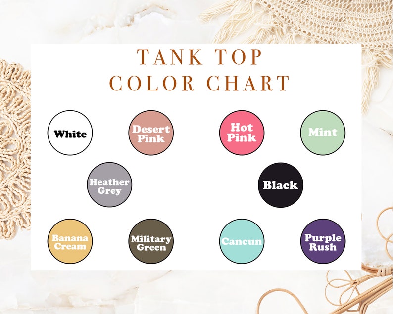 Pu&ograve; includere: Tabella colori per canottiere con 11 diverse opzioni di colore: Bianco, Rosa Deserto, Rosa Caldo, Menta, Grigio melange, Nero, Crema Banana, Verde Militare, Cancun, Viola Rush.