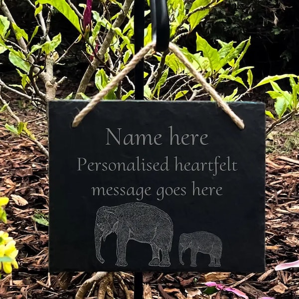 Personalised Elephant - Memorial plaque,  Natural slate, 20cm by 14.5cm