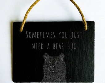 Bear Hug Slate Sign: Etched Woodland Home Decor (20cm x 14.5cm)