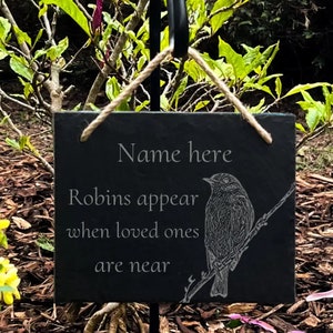 Personalised Robin - memorial plaque. Natural slate 20cm by 14.5cm