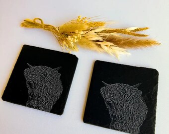Highland Cow Slate Coasters (Set of 2): Laser Etched Farmhouse Decor 10cm