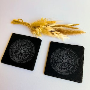 Viking Compass Shield - Natural Slate Coasters (Set of 2), whiskey coasters, eco sustainable gift idea, Norseman targe mats10cm by 10 cm