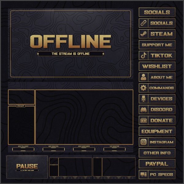 Gray, Gold, Clean Animated Twitch Topographic style Overlay - Complete Stream Package - Made for Twitch, YouTube, Kick, OBS, and Streamlabs