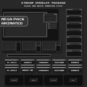 Animated BLACK and White DARK RETRO Twitch Overlay Package - Minimal Dark Twitch Theme | Retro Computer Stream Overlay Pack