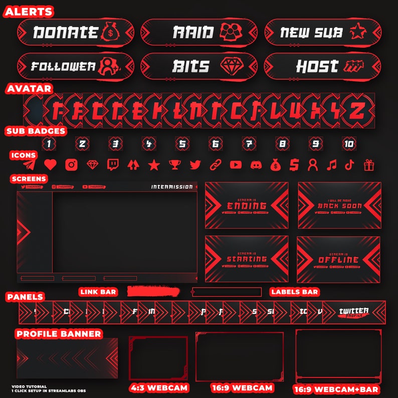 Animated RED Twitch Overlay Package Minimal Red Twitch Theme Red Stream Overlay Pack image 3