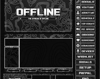 Animated Black and White Stream overlays package for Twitch, Youtube, OBS, Streamlabs in topographic dark style