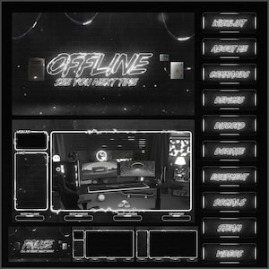 Overlays Stream Animated Black And White Neon style twitch Package image 1