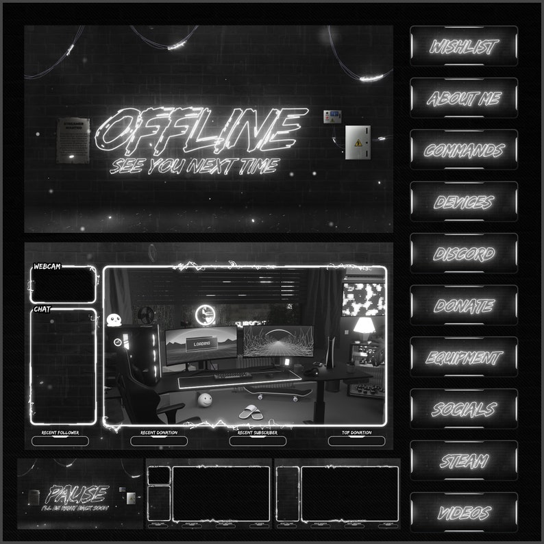 Overlays Stream Animated Black And White Neon style twitch Package image 1