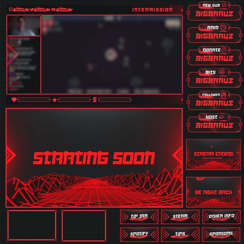 Animated RED Twitch Overlay Package Minimal Red Twitch Theme Red Stream Overlay Pack image 1