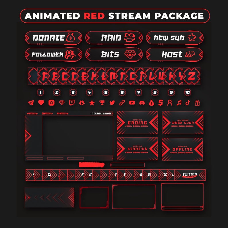 Animated RED Twitch Overlay Package Minimal Red Twitch Theme Red Stream Overlay Pack image 2